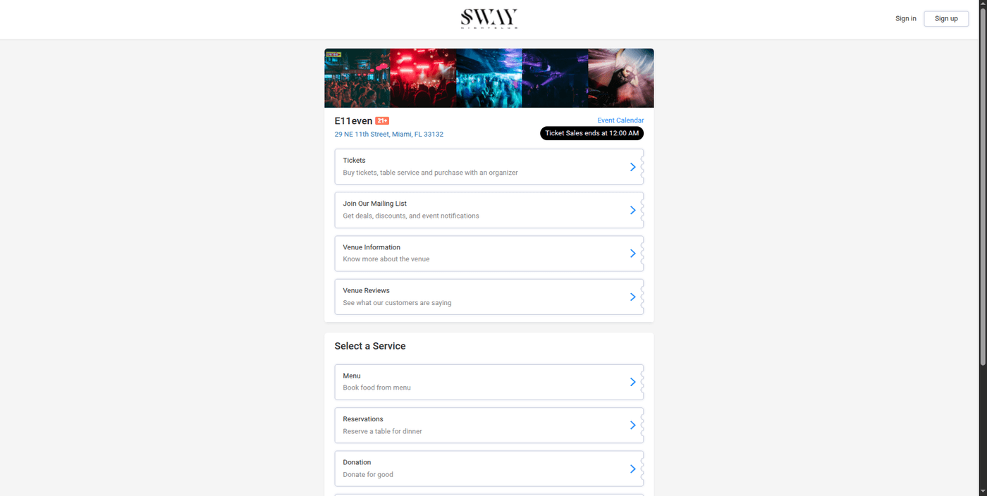 Vuuka widget — venue home with tickets, reservations, and services